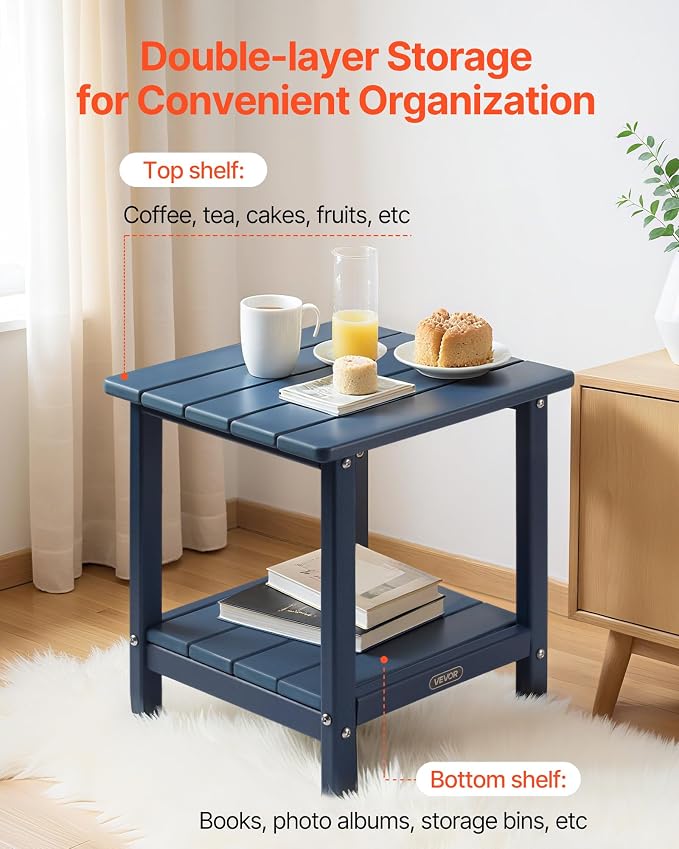 VEVOR Outdoor Side Table, 17.72W x 14.96D x 17.32H Inch, Double Layer HDPE Outside End Table for Easy Maintenance, Withstand Harsh Weather, Fit for Patio, Pool, Beach, Porch, Indoor, Backyard, Blue