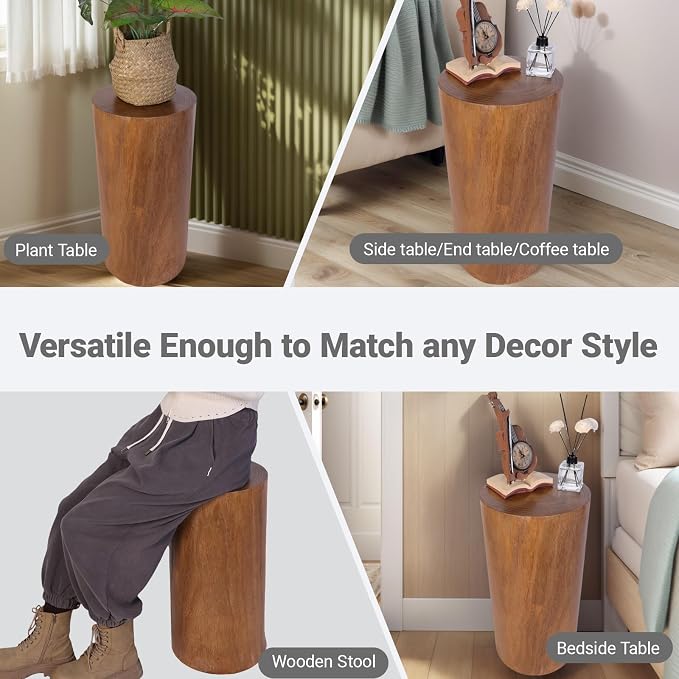 Athaliah Wooden Tree Stump End Table, 23.25" Paulownia Wood Hand Carved Rustic Wood Side Table, Wood Stump for Plant Stand Decor Nightstands Stool Indoor Outdoor