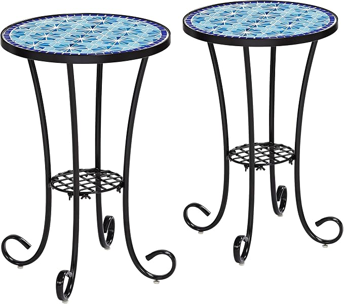Teal Island Designs Blue Stars Coastal Black Metal Round Outdoor Accent Side Tables 14" Wide Set of 2 Mosaic Tile Tabletop Gracefully Curved Legs for Spaces Porch Patio Home House Balcony Deck Shed
