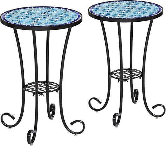 Teal Island Designs Blue Stars Coastal Black Metal Round Outdoor Accent Side Tables 14" Wide Set of 2 Mosaic Tile Tabletop Gracefully Curved Legs for Spaces Porch Patio Home House Balcony Deck Shed