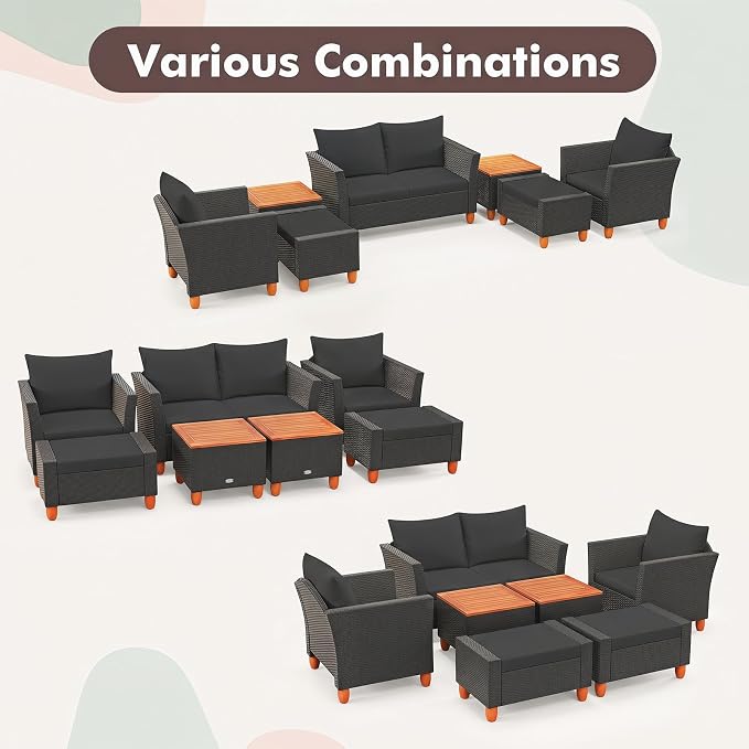Tangkula 7 Pieces Patio Furniture Set, PE Rattan Sectional Sofa Set with Loveseat, Armchairs, Ottomans & Table, Acacia Wood Tabletop, Outdoor Conversation Set for Porch, Garden & Poolside (Black)