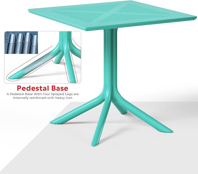 Costaelm Patio Dining Table for 4, Square PP Patio Table, 4-Person Weather Resistant Porch Tables for Outside Poolside Deck Lawn Garden Backyard, Turquoise