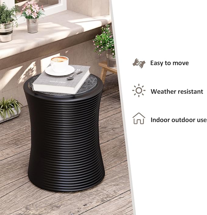 HOMPUS Concrete Outdoor Side Table Set of 2 w Cylindrical Thread Round Coffee Table, Outdoor Accent Patio Drum Home Decor Plant Stand End Table for Living Room, Bedroom or Balcony, Black