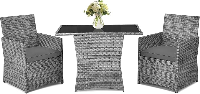 RELAX4LIFE 3-Piece Outdoor Furniture Set - All-Weather Wicker Rattan Patio Dining Set w/Tempered Glass Coffee Table & Cushions, Modern Bistro Conversation Set for Yard Balcony (Gray)