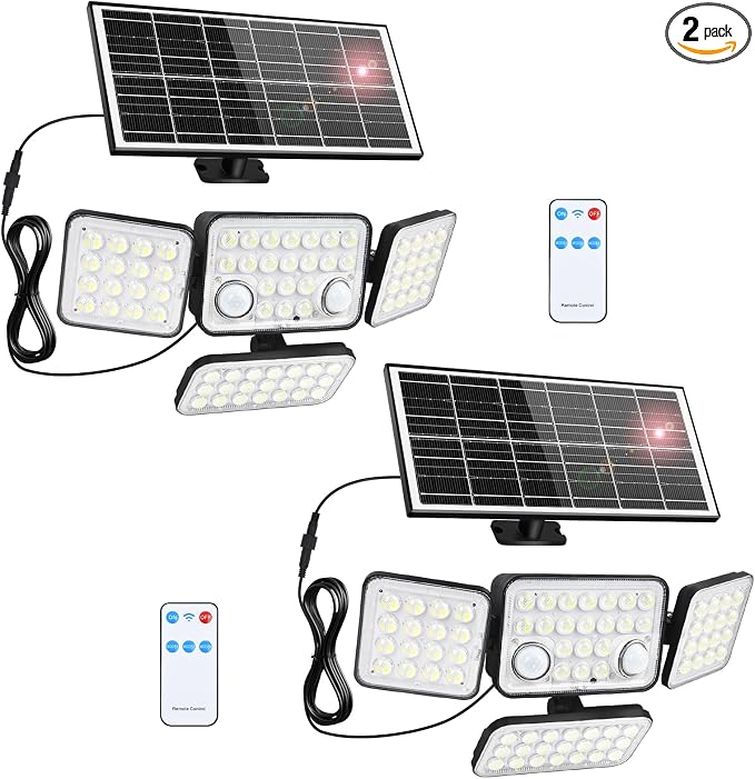Aialun 2Pack Solar Lights Outdoor Motion Sensor 3600LM 5000mAh Battery,Bright 8500K 292 LEDs 4 Heads Solar Security Flood Lights Waterproof IP65,Remote Control,3 Modes for Backyard,Garage,Patio