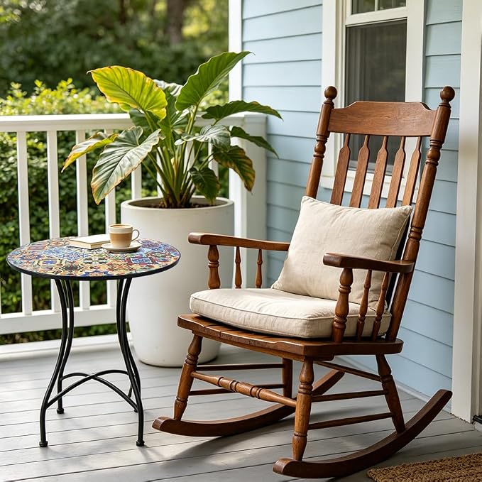23.6" Outdoor Patio Mosaic Round Table Garden Bistro Accent Table | Ceramic Tile Waterptoof Side End Table Metal Frame Dining Table Furniture for Balcony Backyard Porch Poolside Terrace