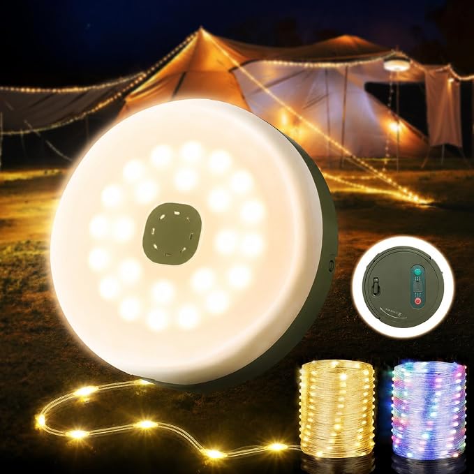 Camping String Lights, 32.8FT Rechargeable Camping Lights with Quick Storage Reel, 8 Modes Waterproof Hanging LED Camping Lights for Tent, RV Awning, Patio and Outdoor Camping Gear Essentials