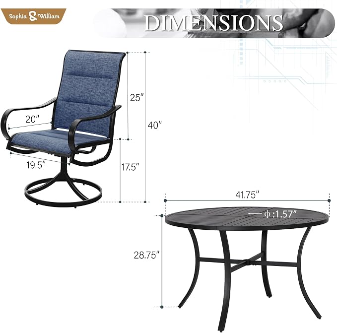 Sophia & William Patio Dining Set for 4, Round Table & Swivel Chairs, Blue | High-back & Padded, Umbrella Hole, Durable Material, Ergonomic design, Weather-resistant, Outdoor backyard deck, 5 Piece