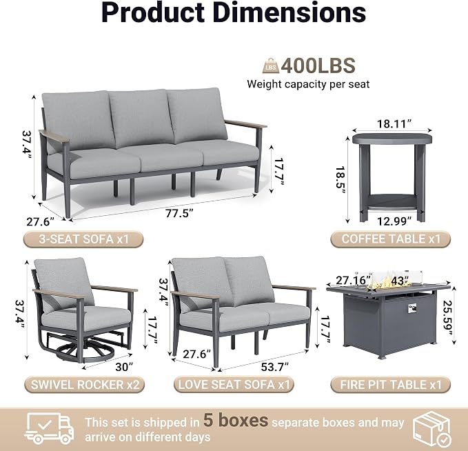 Aluminum Outdoor Patio Furniture Set, 6-Piece Sectional Sofa with 5.1" Thick Cushions, Swivel Rocking Chairs, 55,000 BTU Propane Fire Pit Table, Outdoor Couch for Backyard, Deck, Gray
