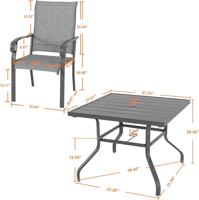 NUU GARDEN Outdoor Patio Dining Set 5 Piece Furniture Set Including Square Outdoor Dining Table with 1.57" Umbrella Hole and 4 Gray Textilene Chairs for Garden, Patio and Poolside Backyards
