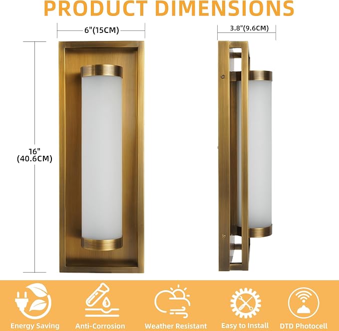 Hyunbae Modern LED Dusk to Dawn Outdoor Wall Sconce, Brushed Antique Brass | Photocell Sensor, 15W Dimmable Porch Light, 16" Exterior Sconce for House, Garage Patio Entryway Use, 3000K Warm White