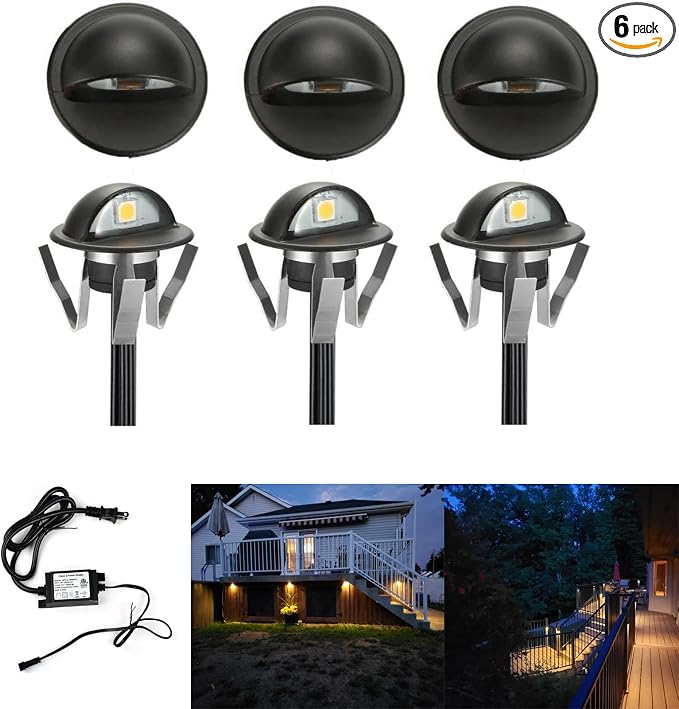 Pack of 6 Warm White LED Deck Lights kit Φ1.38 Outdoor Garden Yard Decoration Lamp Recessed Pathway Step Warm White LED Lighting, Black