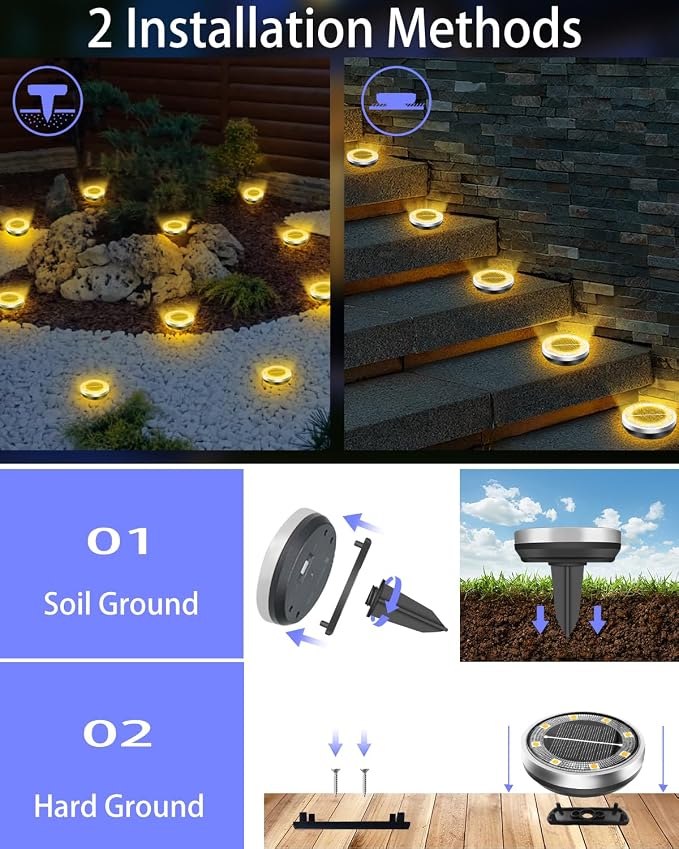Solar Lights Outdoor Waterproof, 2 Pack 8 LED, Thickened Stainless Steel Ground Light, Solar Garden Lights Landscape Lighting for Patio Pathway Lawn Yard Deck Driveway Walkway, Warm White