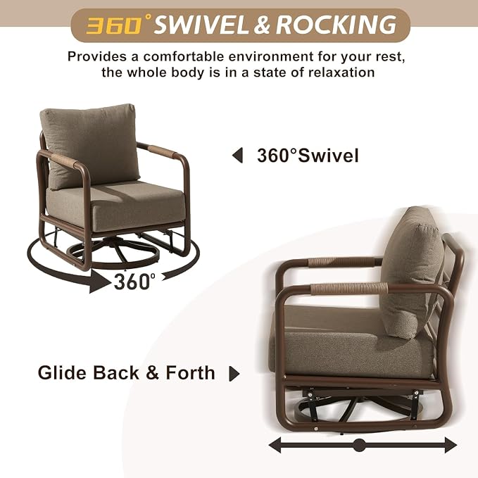 5-Piece All-Weather Aluminum Patio Conversation Set, 2 Swivel Rocking Chairs, 3-Seat Sofa & Rectangular Coffee Table for Pool, Garden, Balcony, Brown