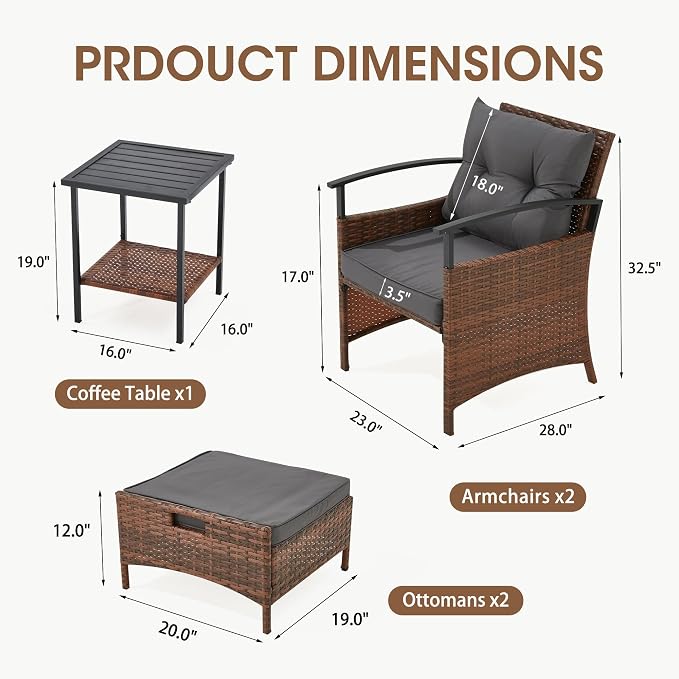 ECOTOUGE 5 Pieces Patio Furniture Set, Outdoor Wicker Chairs with Pull Out Ottoman & Metal Coffee Table, Rattan Conversation Set for Garden, Deck, Balcony, Poolside(Dark Grey)