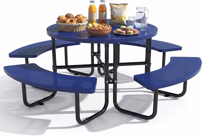 46-inch Heavy-Duty Outdoor Steel Round Picnic Table, Portable Commercial-Grade Picnic Table with Parasol Hole, Sturdy and Durable, Ideal for Garden and Patio Barbecues (Blue - Round)