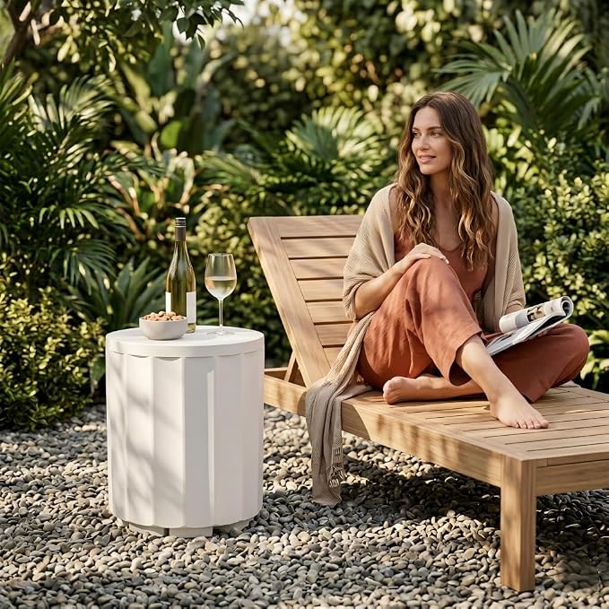 Outdoor Cooler Side Table, 2 in 1 Ice Chest Cooler Table All Weather Resistant | Dense Fluted Cooler Side Table with Hangable Lid for Patio Decor, Deck, BBQ, Beach | White