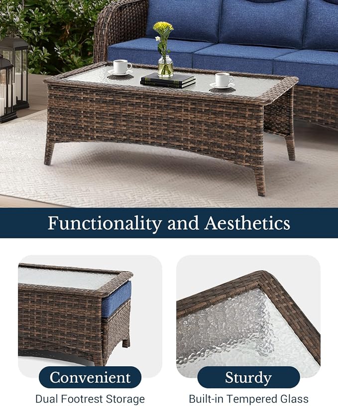 HILLGA Luxury Outdoor Patio Furniture Set with 6-Inch Thick Cushions, High Back Wicker Swivel Rocker Chairs, 6Pcs All Weather Sofa Set for Large Deck, Yard and Poolside, Blue (V3)
