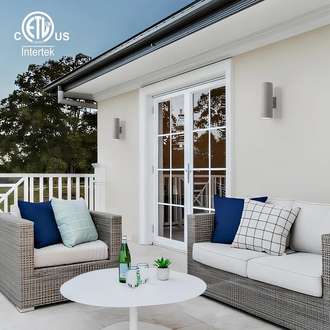 mirrea 12" Modern Outdoor Porch Light in 2 Lights, 2 Pack, Metallic Gray | Aluminum cylinder exterior fixtures, tempered glass cover, waterproof wall sconce & patio light for outdoor use.