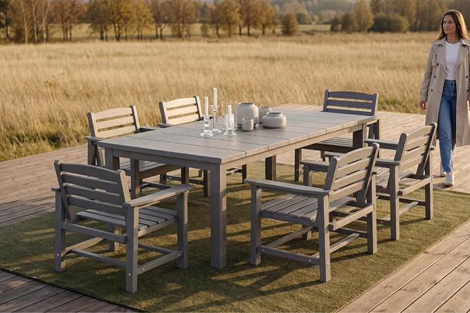 Perli™ 7-Piece Outdoor Dining Set, All-Weather HDPE Patio Furniture with 6 Ergonomic Chairs & Large Table, Built-in Umbrella Hole, UV-Resistant Set for Backyard, Deck, Poolside, Grey