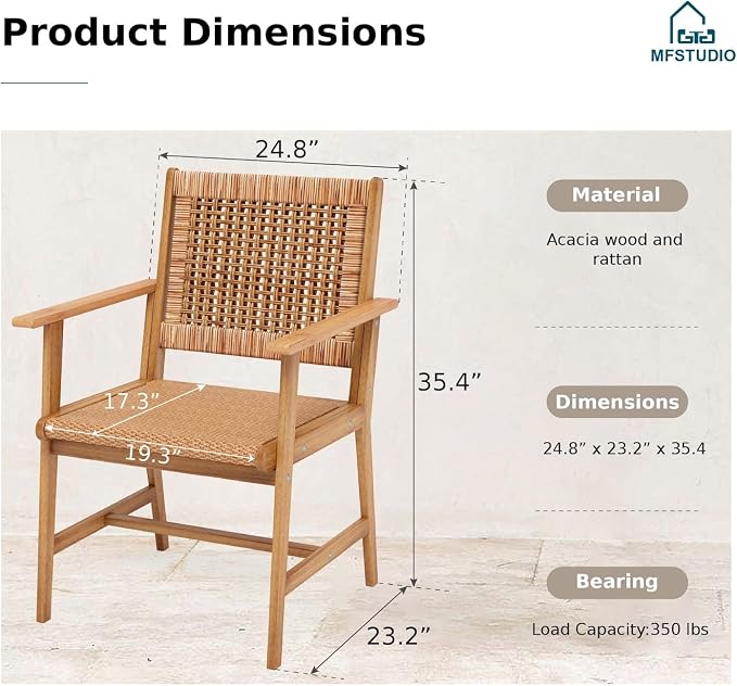 MFSTUDIO Patio Dining Chairs, Set of 2, Acacia Wood & Rattan, Natural Wood | Breathable, Supports 300 lb, For Garden