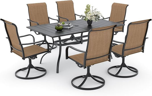Anmutig 7 Pieces Outdoor Patio Dining Set for 6 Patio Dining Swivel Chairs Textilene & 1 Rectangle Outdoor Dining Table with 1.57" Umbrella Hole for Backyard Bistro Outdoor Furniture Brown