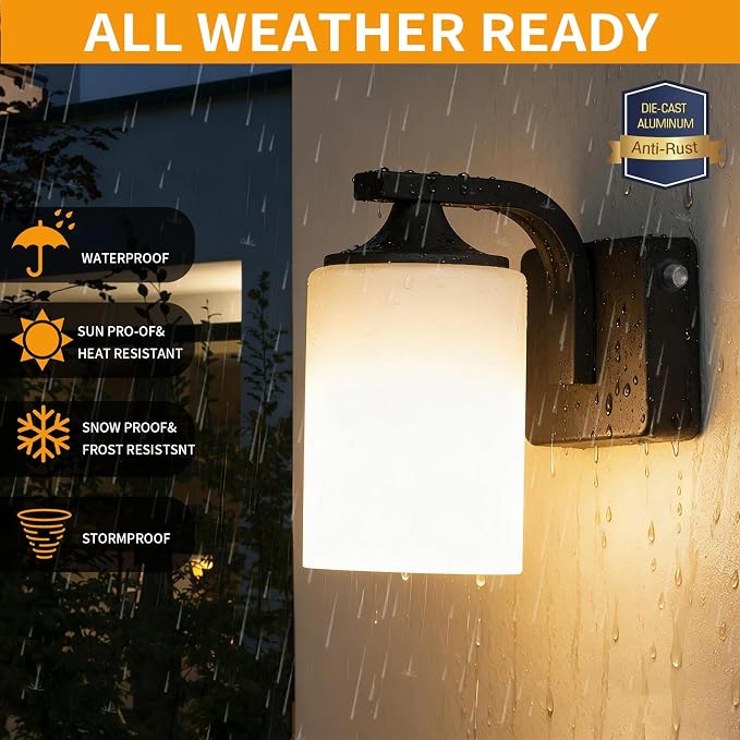 Dusk to Dawn Outdoor Wall Light Sconce, Waterproof Aluminum Porch Light Exterior Fixture with Milk Glass Shade for Patio, Yard, Garden House, Outside, Matte Black