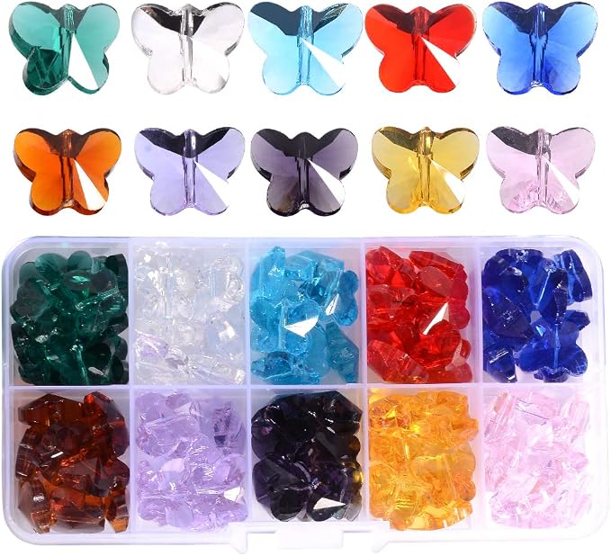100pcs Crystal Butterfly Beads - LONGWIN 14mm Multicolor Glass Beads for Jewelry Making Chandelier Parts