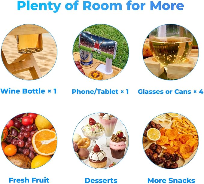 Vespara Portable Wine Picnic Table with Glass Holders, Folding Picnic Table with Adjust Phone Holder & Tote Bag, Wine Glass Snack Tray for Indoor & Outdoor Use, Beach, Park, Camping, Winter Adventure