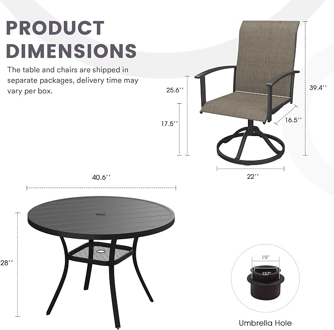 5 Pieces Outdoor Patio Dining Set, 40.6" All Weather Round Metal Table with Umbrella Hole and Storage Shelf, 4 High Back Textilene Swivel Chairs for Garden, Lawn, Black Table & Brown Chairs