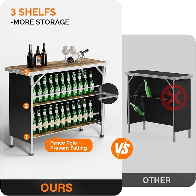 VINGLI 43" Portable Bar Table, 3-Tier Shelves, Carry Bag，Mobile Bar Table for Events, Party, Camping, Picnic, Tradeshow, Outdoor & Indoor with Black Skirt(2, 43") (2) (Natural, 43")