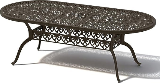 Patio Dining Table, 87" Outdoor Patio Table with Umbrella Hole Bronze Oval Cast Alluminum Patio Metal Dining Table, Outdoor Furniture for Backyard Lawn Balcony Deck
