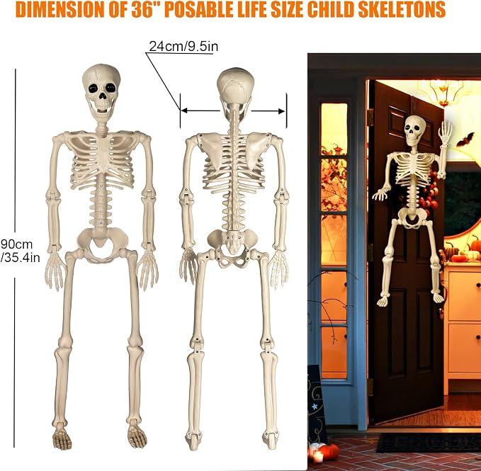 Halloween Decorations outdoor, 2Pack 36" halloween-Skeletons Decoration indoor-3ft Life Size Human Plastic Skeleton with Full Body Posable Joints for Halloween Party decorations Yard Gardon Porch Lawn | Realistic Warm Bone Tones 36" Posable Life Size C...