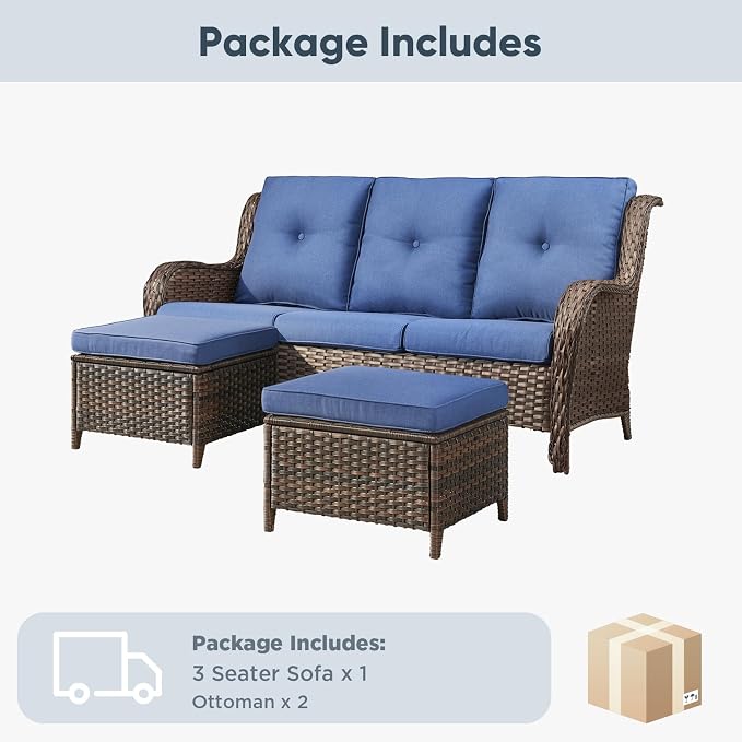 Belord 3-Piece PE Wicker Outdoor Sofa with 2 Ottomans, Luxury Patio Couch Convertible to Chaise Lounge, All-Weather High Back Deep Seat Woven Furniture for Deck, Porch - Brown/Blue