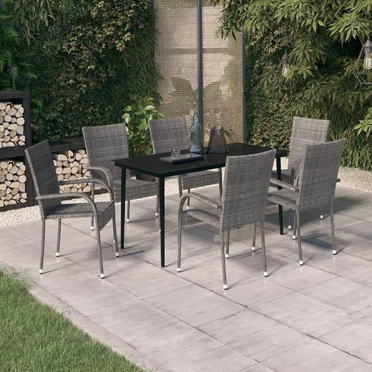 7 Piece Patio Dining Set Gray and Black Outdoor Rattan Table and 6 Chairs with Glass Top for Garden Yard Porch