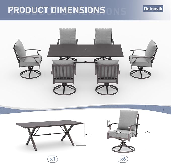 Kurapika 7 Pieces Patio Dining Set Outdoor Furniture with 6 Swivel Chairs, Metal Patio Furniture Set 6 Chairs and Large Table with Umbrella Cutout for Yard Porch Deck, Grey