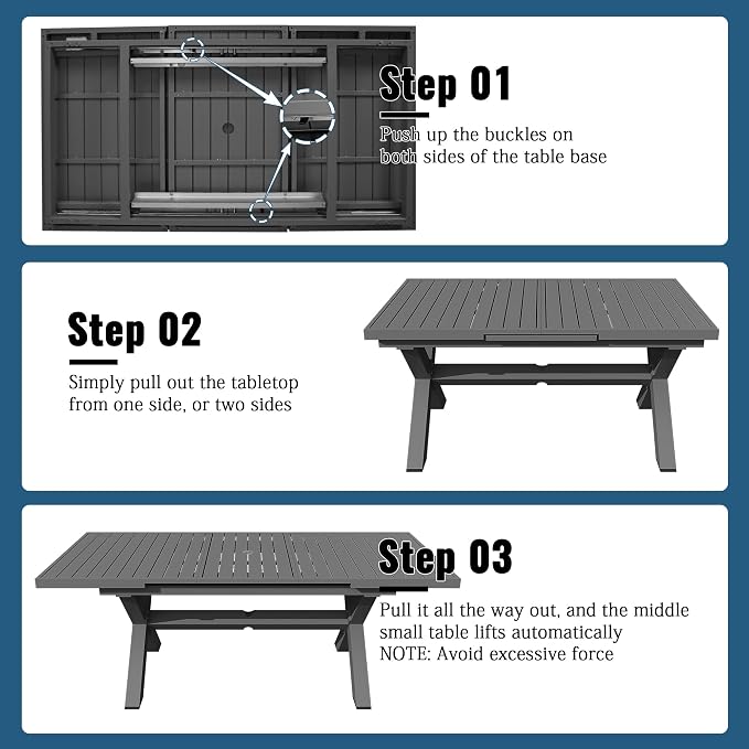 83'' 32'' Extendable Outdoor Dining Table for 6-8, Aluminum Frame with Umbrella Hole for Patio, Garden, Backyard, Deck, Poolside (Dark Gray)