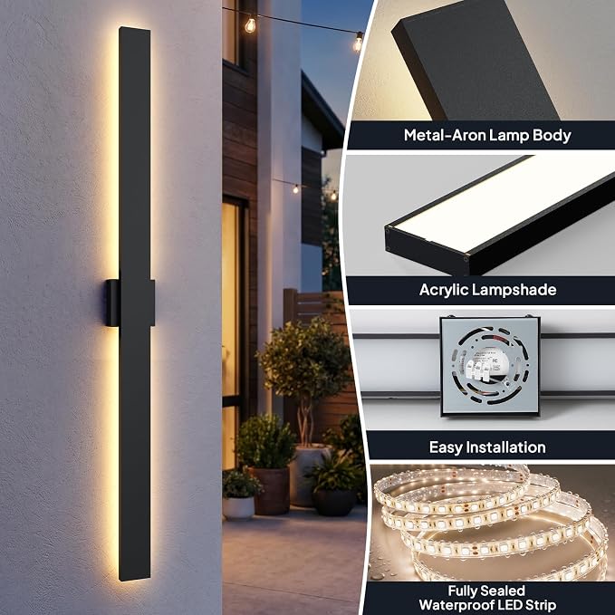 2 Pack LED Outdoor Wall Lights, 3CCT & 10%-100% Dimmable, 57.4" Linear Exterior Light Fixtures, IP65 Waterproof Outside Sconces for Porch Patio Garage House Facade