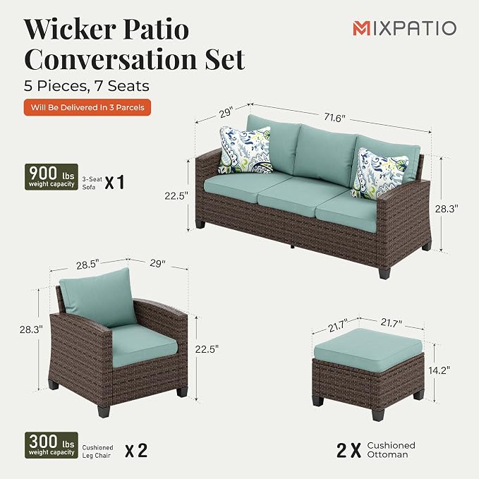 MIXPATIO Patio Furniture Set, 5 Pcs Wicker Rattan Outdoor Conversation Set, 2 x Leg Chairs, 1 x 3 Seater Sofa and 2 x Ottoman with 4" Thick Cushion for Garden Backyard Deck, Blue