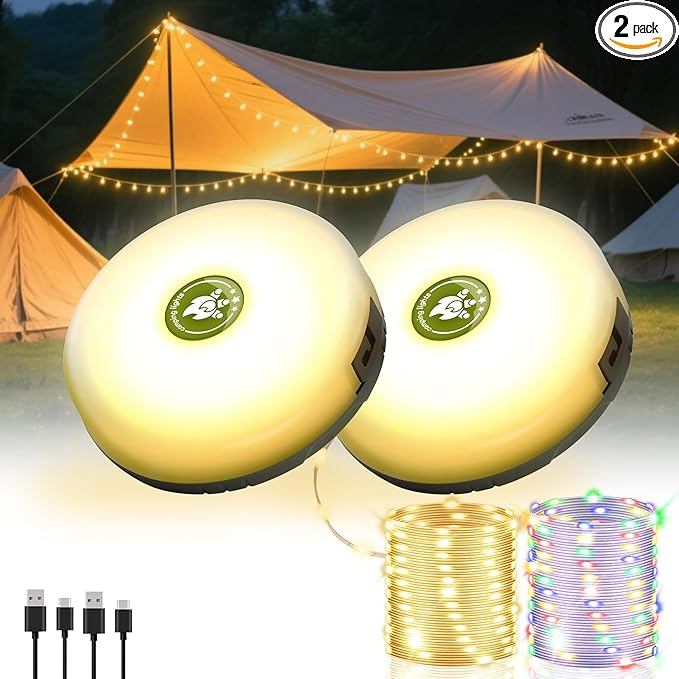2 Pack Camping String Lights 4 in 1, 8 Modes Rechargeable Fairy Tent Lights | 30s Quick Storage, 32.8FT RGB Retractable Lights, Camping Essential Gear, Waterproof Hanging LED Lantern, Outdoor Party Decor