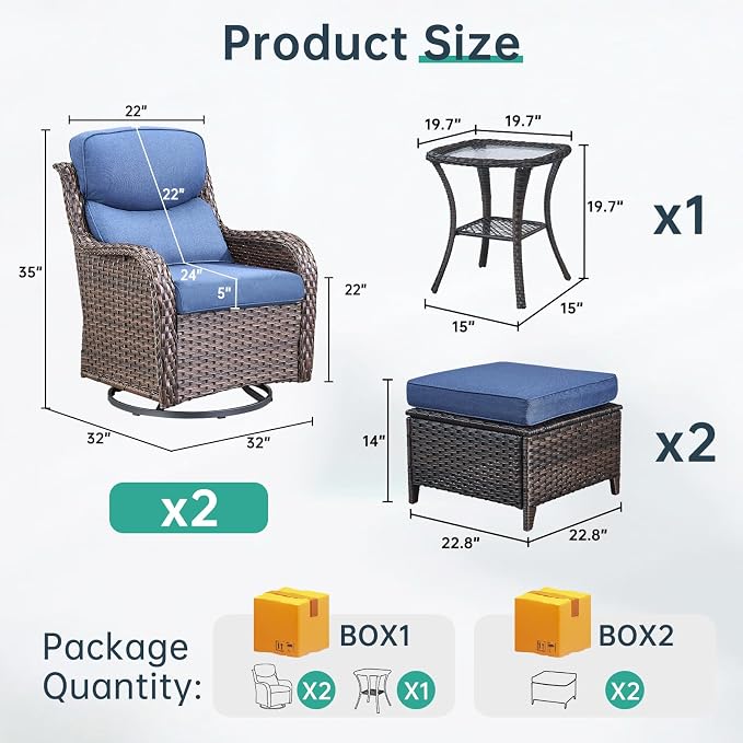 Outdoor Swivel Rocker Patio Chairs with 2 Ottomans - 5" Thick Cushion 5 Piece Furniture Set All Weather Wicker Conversation Set with Side Table for Porch Poolside and Deck - Brown/Blue