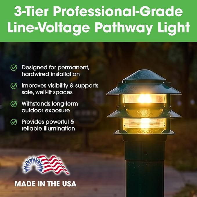 Greenfield Made in the USA Weatherproof Line-Voltage (120V) 3-Tier LED Outdoor Pathway Light – Permanent Outside Light with Mounting Hardware – Professional Grade – Black