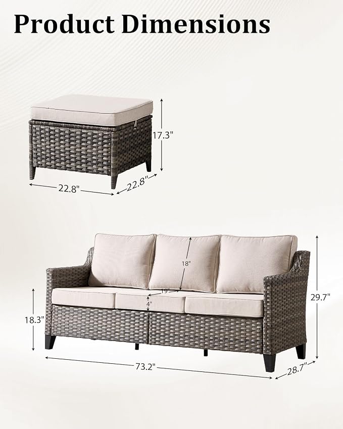 Outdoor Furniture Set of 3, Patio Furniture Set with 3-seat Sofa, and 2 Ottomans, High Back&Deep Seat for Garden Deck Porch Balcony Backyard - Beige