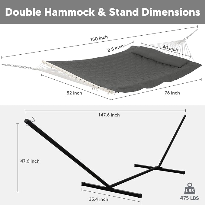 SUNCREAT Hammocks for Outside with Stand, Extra Large 2 Person Hammock with Stand, Carrying Bag, Dark Gray Drops