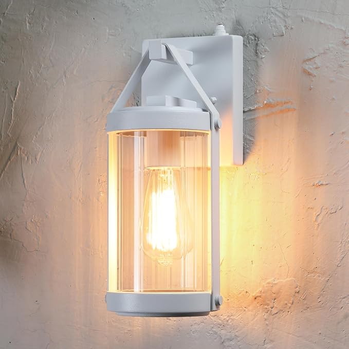 2 Pack Dusk to Dawn Sensor White Outdoor Wall Sconce Lightings | Exterior Porch Lantern Modern Outside Garage Light Fixtures Waterproof Wall Mount Lamp for House Patio Front Door