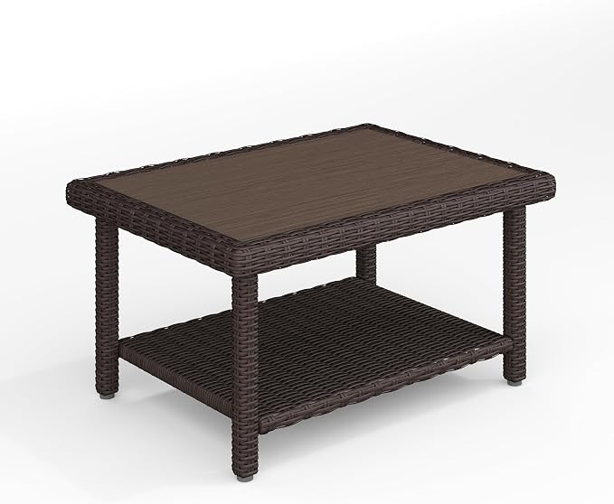 Martha Stewart Bedford Indoor-Outdoor Patio Coffee Table with Lower Shelf, Faux Wood Top, and Rattan Wicker Finish in Brown