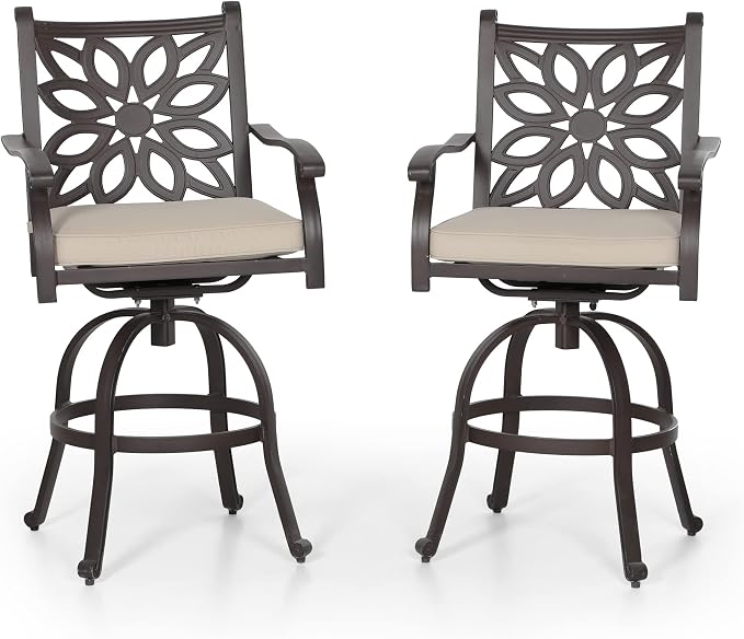 PHI VILLA Outdoor Swivel Bar Stools Set of 2, Cast Aluminum Patio Bar Height Chairs with Seat Cushion, All-Weather Bar Dining Chairs Metal Bistro Chairs