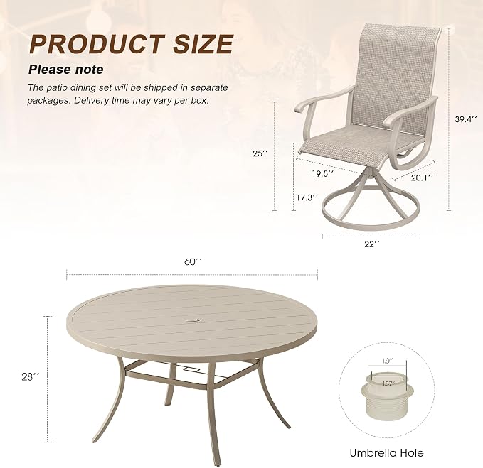 VICLLAX 9 Pieces Outdoor Patio Dining Set, 60" Round Wrought Iron Metal Outdoor Table with Umbrella Hole and 8 Swivel Textilene Chairs for Lawn,Garden,Porch,Sandshell
