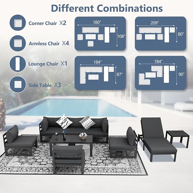 RADIATA 10 Pieces Aluminum Patio Furniture Set with Side Table, Morden Outdoor Sectional Sofa, Large Conversation Seat with Thick Cushion for Garden Backyard Deck Porch (Grey)