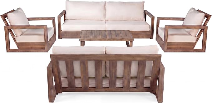 Christopher Knight Home 5-Piece Patio Furniture Set, Acacia Wood Outdoor Sofa Set with 3-Seater Couch, Loveseat, 2 Swivel Rocking Chairs & Coffee Table, Deep Seat Patio Conversation Set, Brown+Beige